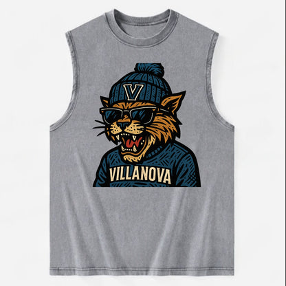 Villanova Wildcat wearing Villanova beanie with V patch - Vintage Washed Tank - Grey