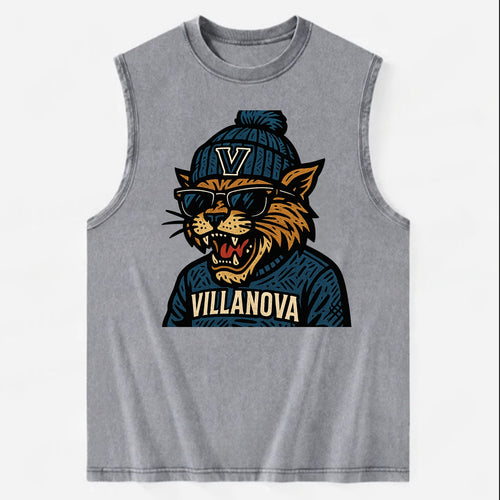Villanova Wildcat wearing Villanova beanie with V patch - Vintage Washed Tank