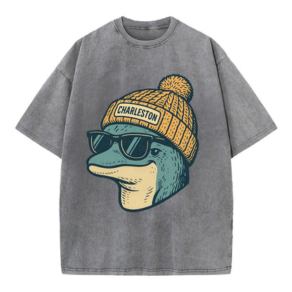 Charleston Dolphin wearing Charleston beanie with pom pom and wayfarer sunglasses - Vintage T-shirt - Grey
