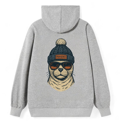 Rhode Island Harbor Seal wearing Providence beanie with pom pom and - Classic Pullover Hoodie - Grey