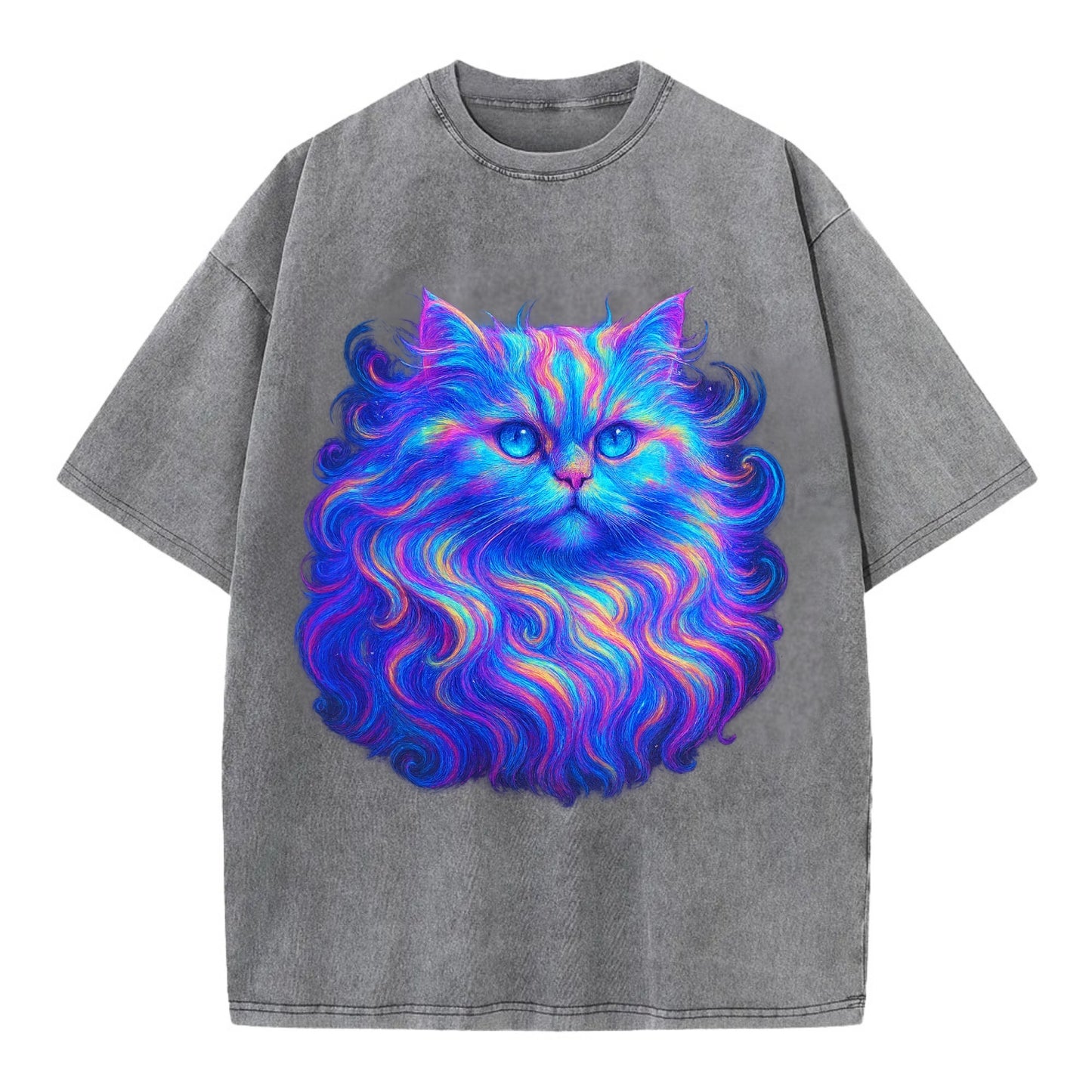 Luxurious Persian cat with flowing fur that refracts into rainbow prisms, soft - Vintage T-shirt - Grey