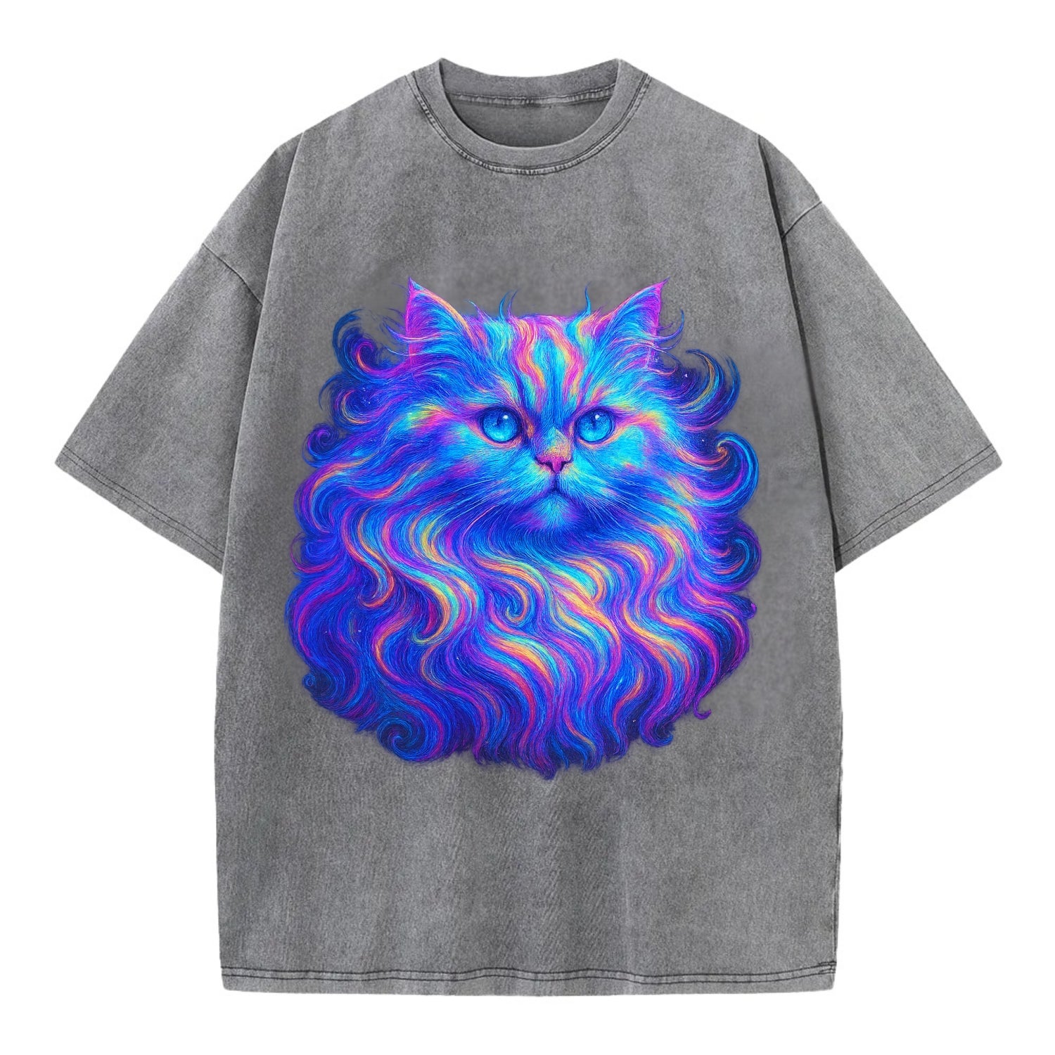 Luxurious Persian cat with flowing fur that refracts into rainbow prisms, soft - Vintage T-shirt - Grey