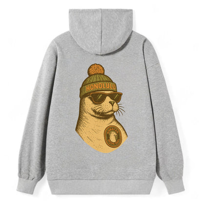 Hawaii Monk Seal wearing Honolulu beanie with pom pom and wayfarer - Classic Pullover Hoodie - Grey