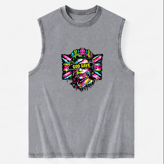 GOD SAVE | Torn royal portrait style | Blackout bar across eyes | Safety pin - Vintage Washed Tank - Grey