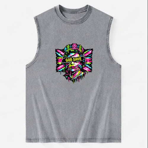 GOD SAVE | Torn royal portrait style | Blackout bar across eyes | Safety pin - Vintage Washed Tank
