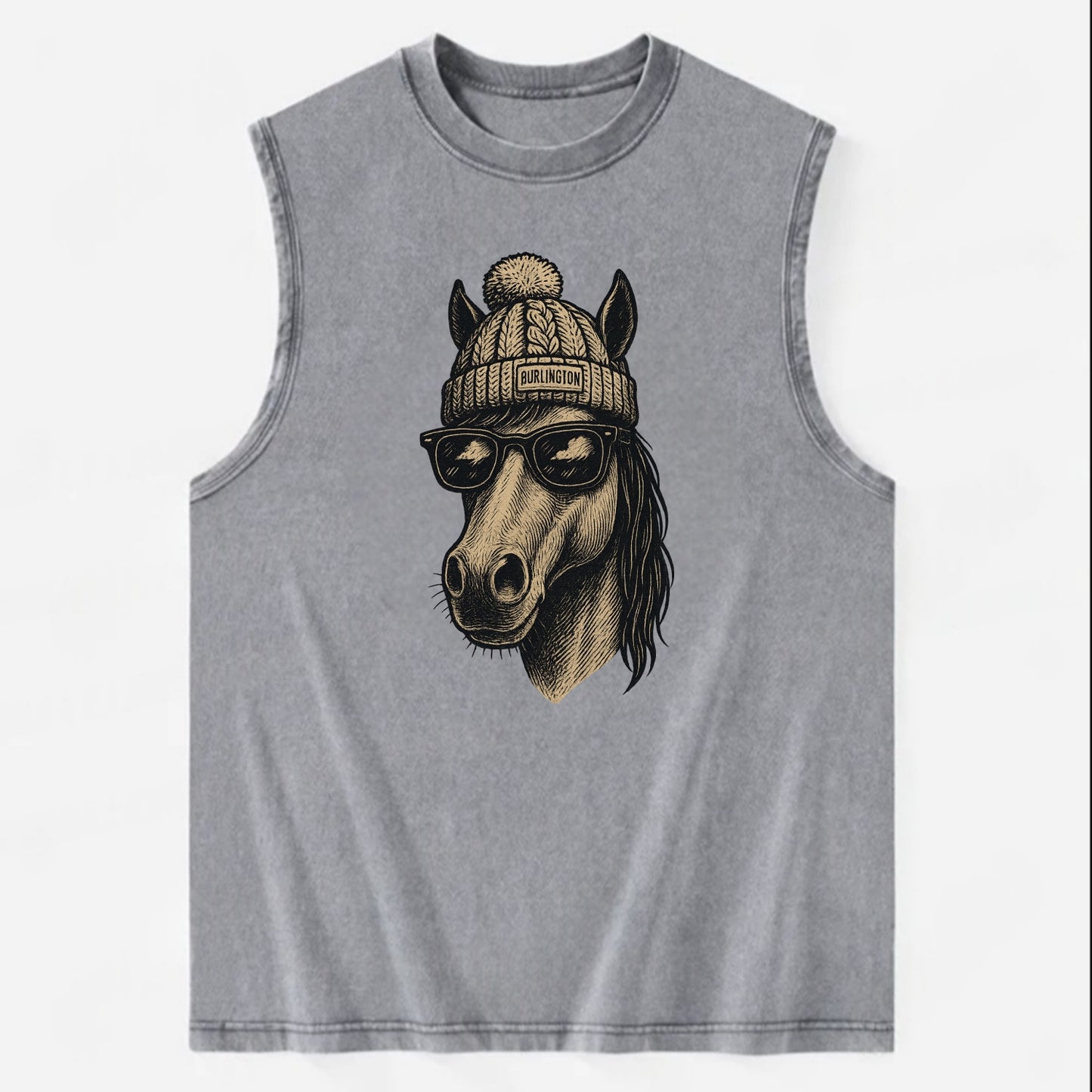 Vermont Morgan Horse wearing Burlington beanie with pom pom and wayfarer - Vintage Washed Tank - Grey