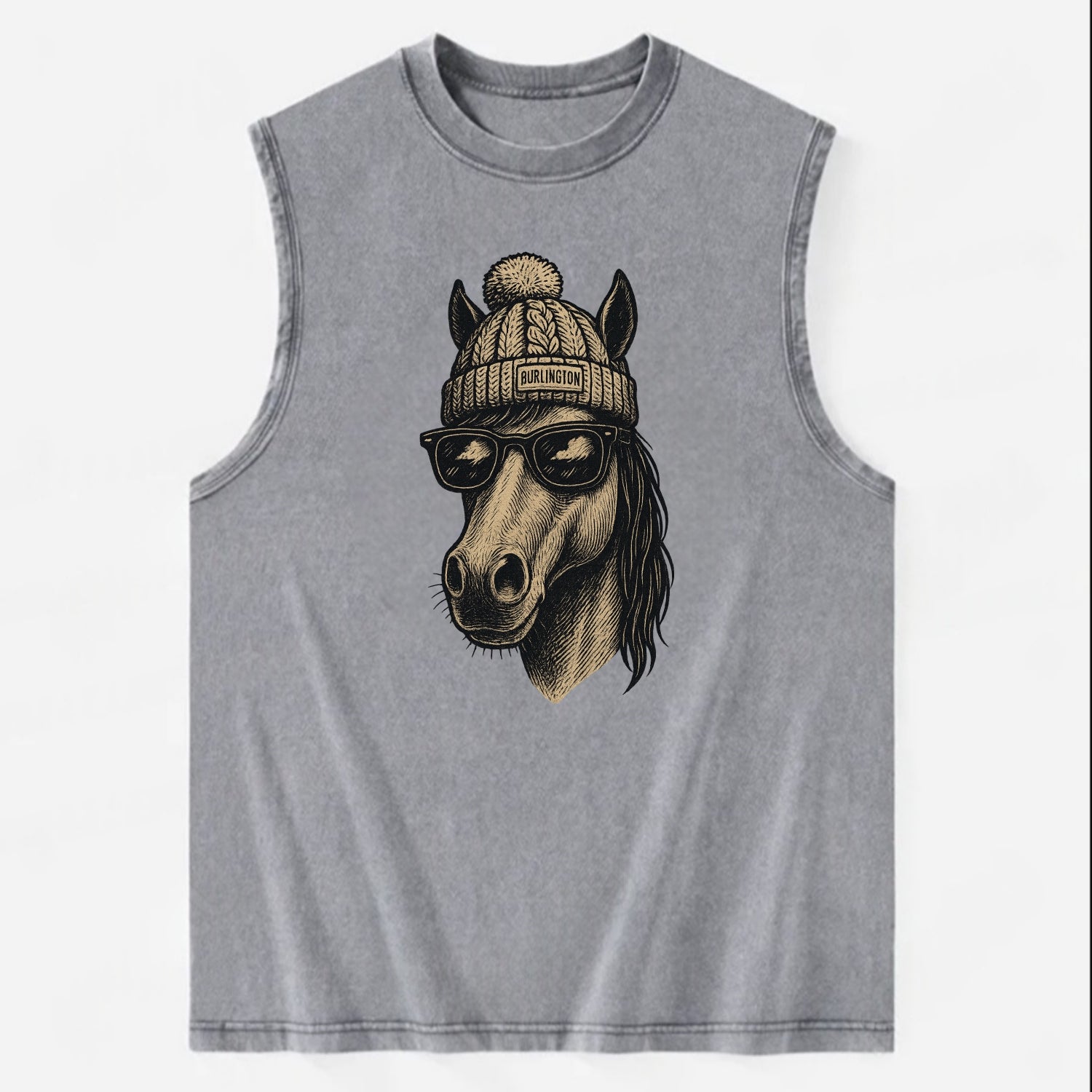 Vermont Morgan Horse wearing Burlington beanie with pom pom and wayfarer - Vintage Washed Tank - Grey