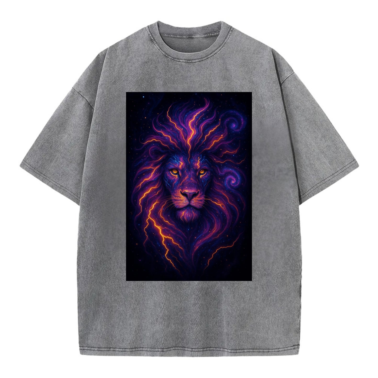 Regal lion with mane made of electric currents, neon yellow and hot pink energy - Vintage T-shirt - Grey