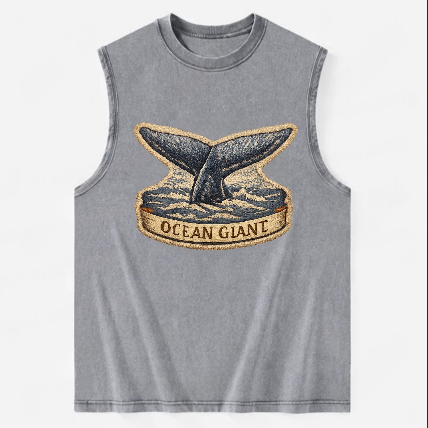 WHALE TAIL - diving whale in blue and gray , ocean giant - Vintage Washed Tank - Grey