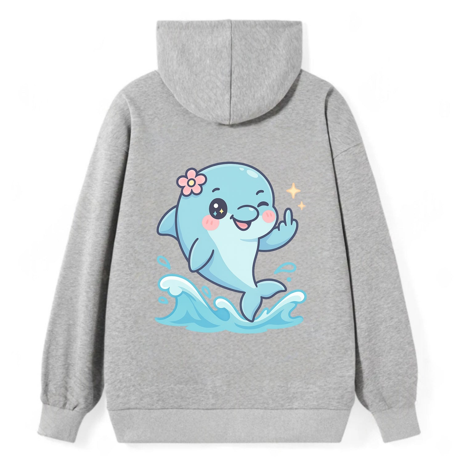 smiling dolphin jumping through ocean waves, one fin up with attitude - Classic Pullover Hoodie - Grey