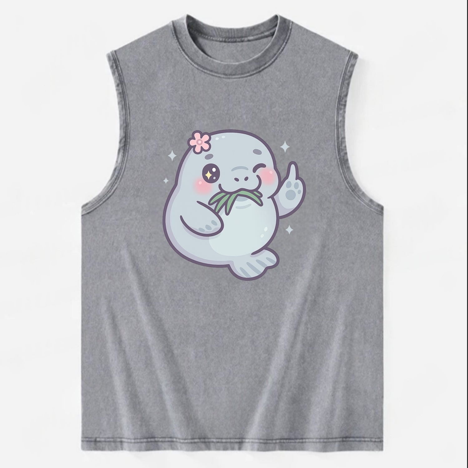 chubby manatee munching on seagrass, one flipper raised with sass - Vintage Washed Tank - Grey