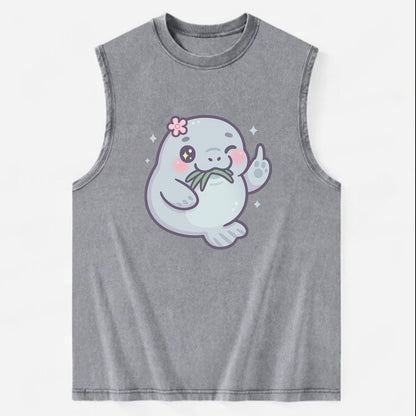 chubby manatee munching on seagrass, one flipper raised with sass - Vintage Washed Tank - Grey
