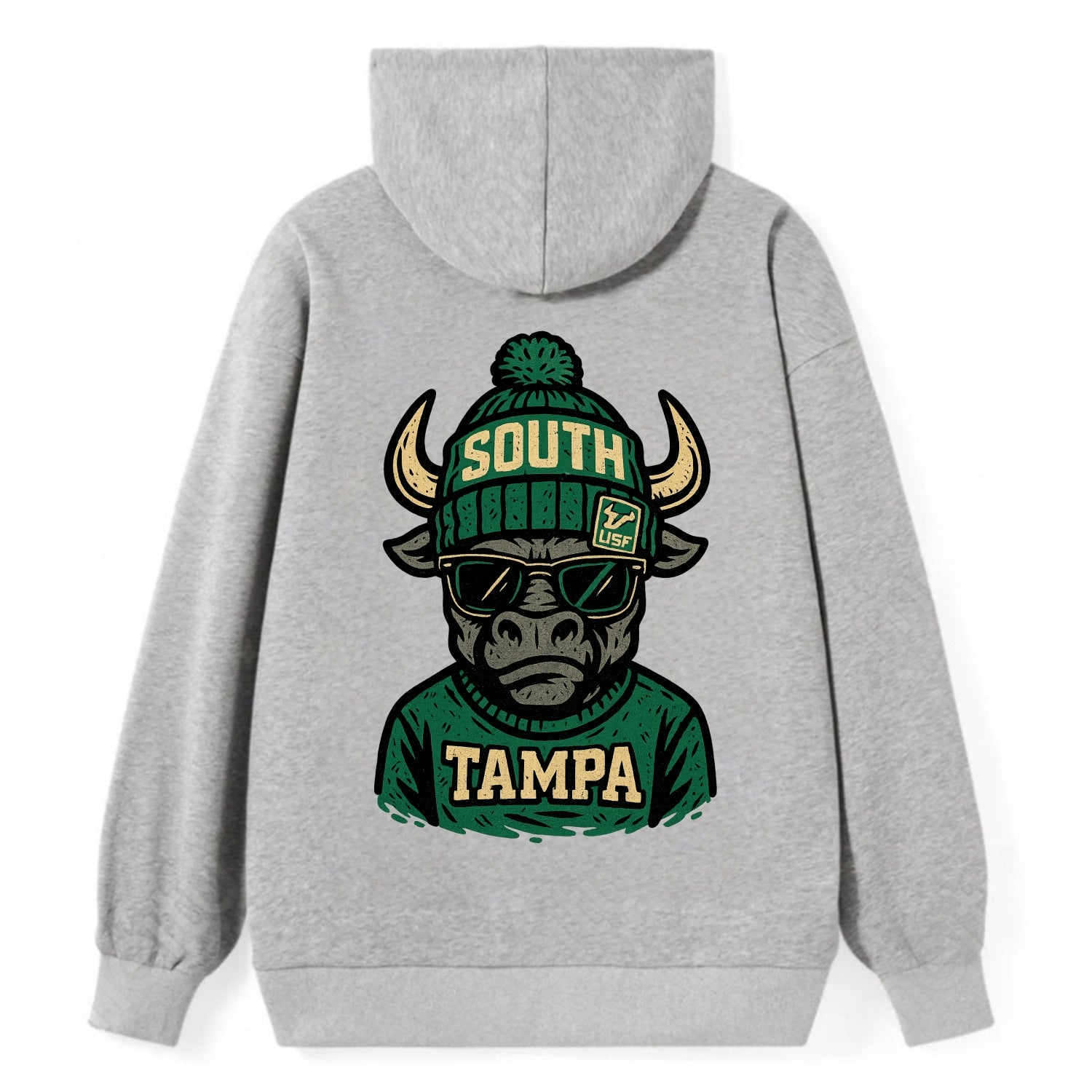 Tampa Bull wearing South Florida beanie with USF patch - Classic Pullover Hoodie - Grey