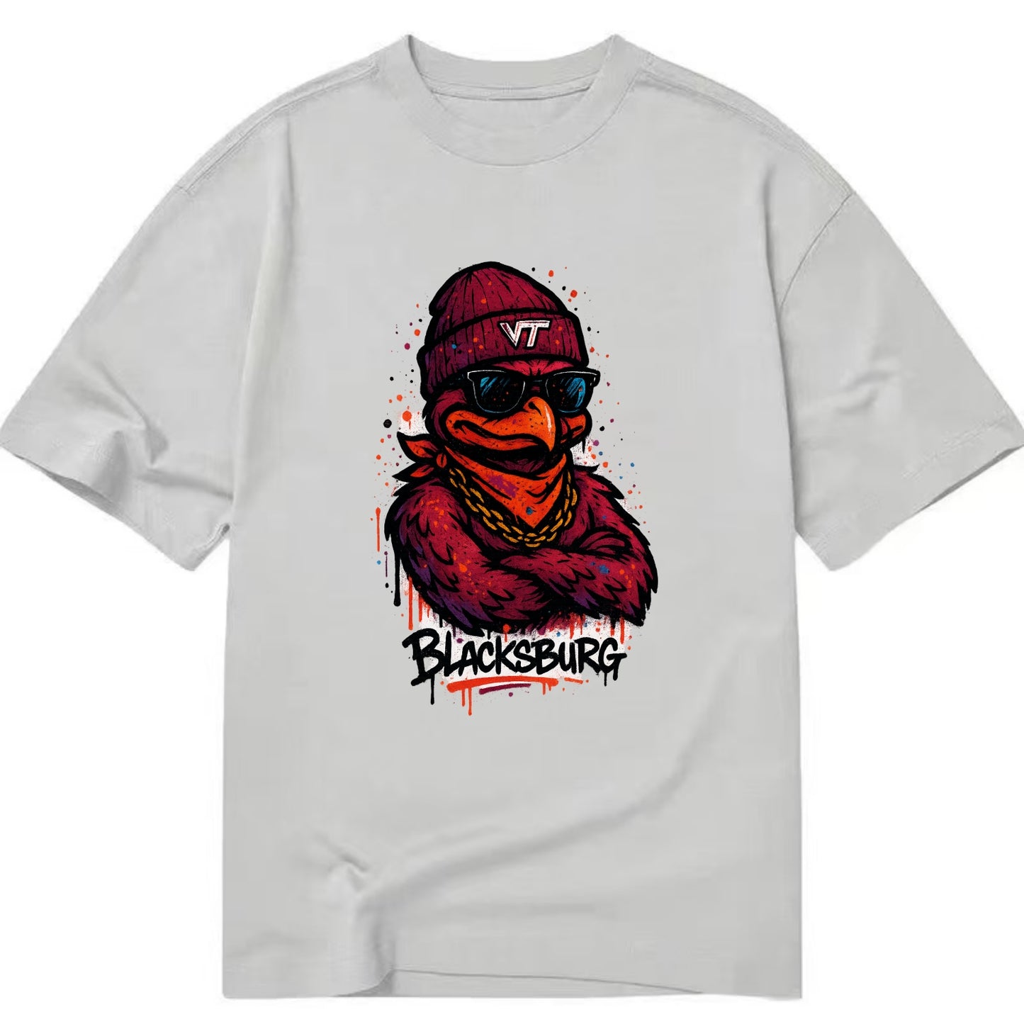 Blacksburg HokieBird wearing Virginia Tech beanie with VT patch - Classic T-shirt - Grey