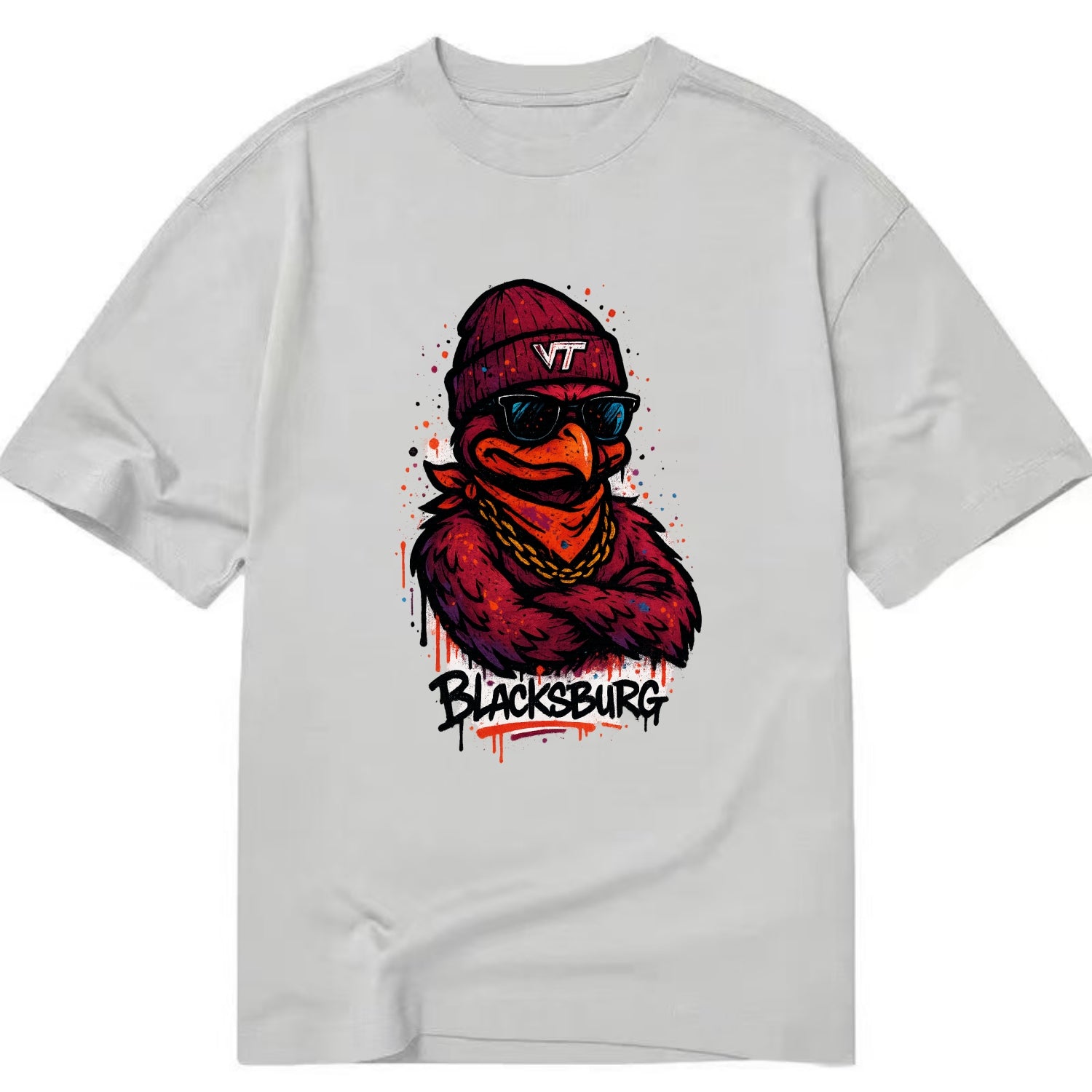 Blacksburg HokieBird wearing Virginia Tech beanie with VT patch - Classic T-shirt - Grey