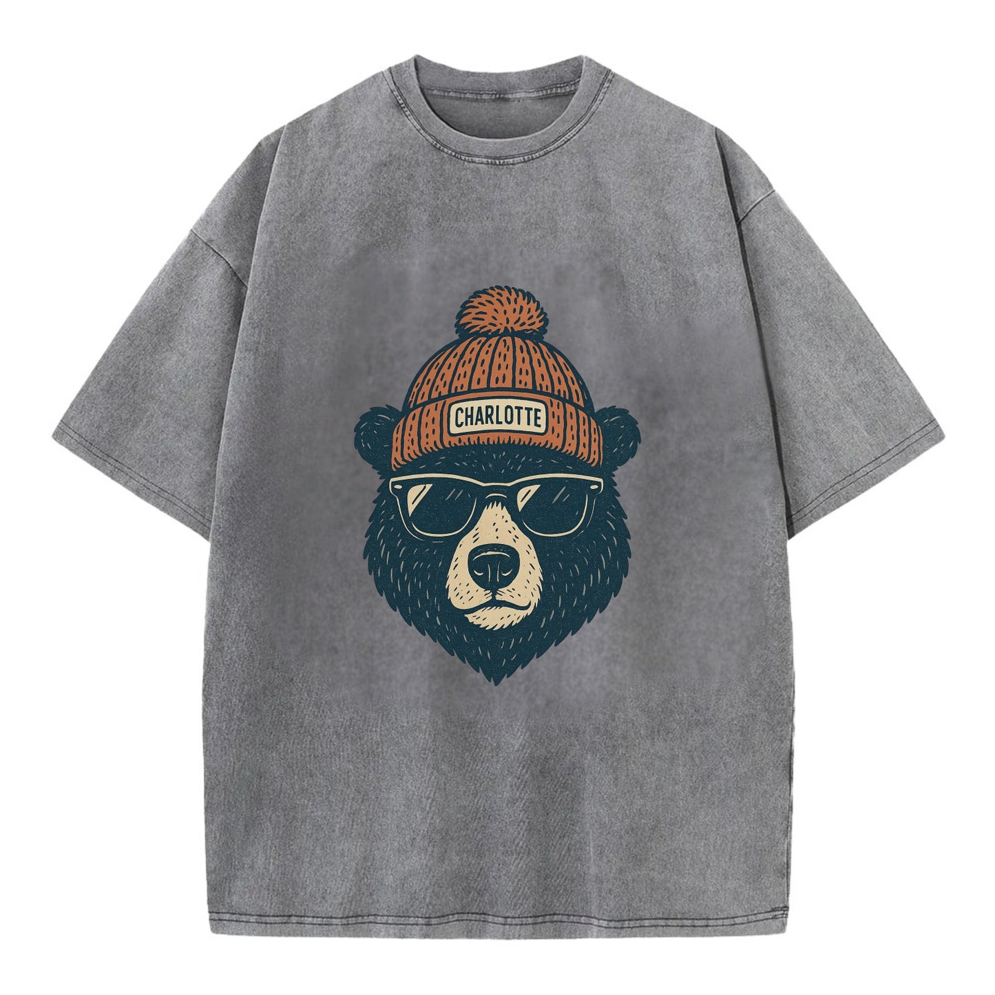 North Carolina Black Bear wearing Charlotte beanie with pom pom and wayfarer - Vintage T-shirt - Grey