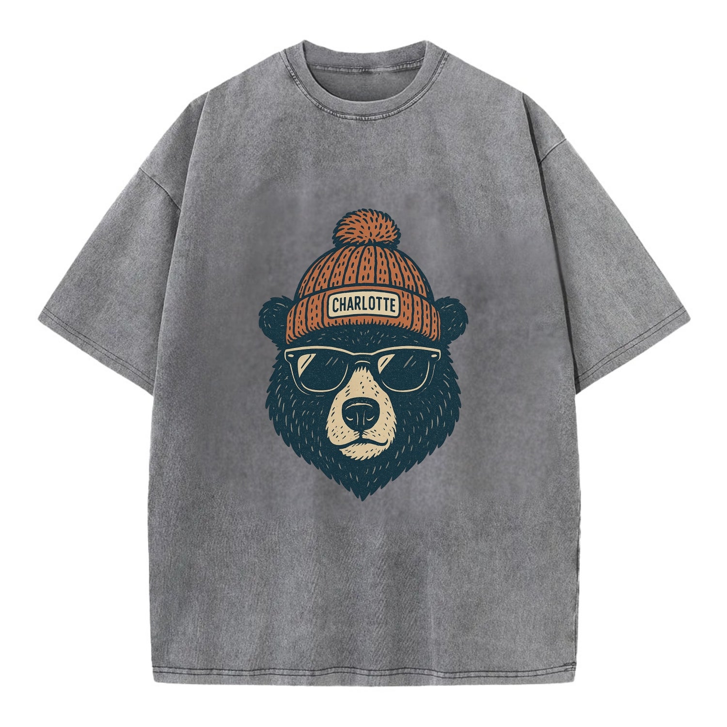 North Carolina Black Bear wearing Charlotte beanie with pom pom and wayfarer - Vintage T-shirt - Grey