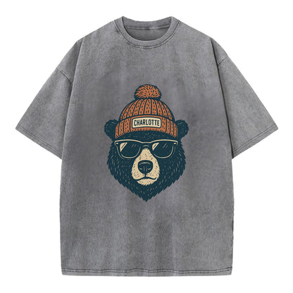 North Carolina Black Bear wearing Charlotte beanie with pom pom and wayfarer - Vintage T-shirt - Grey