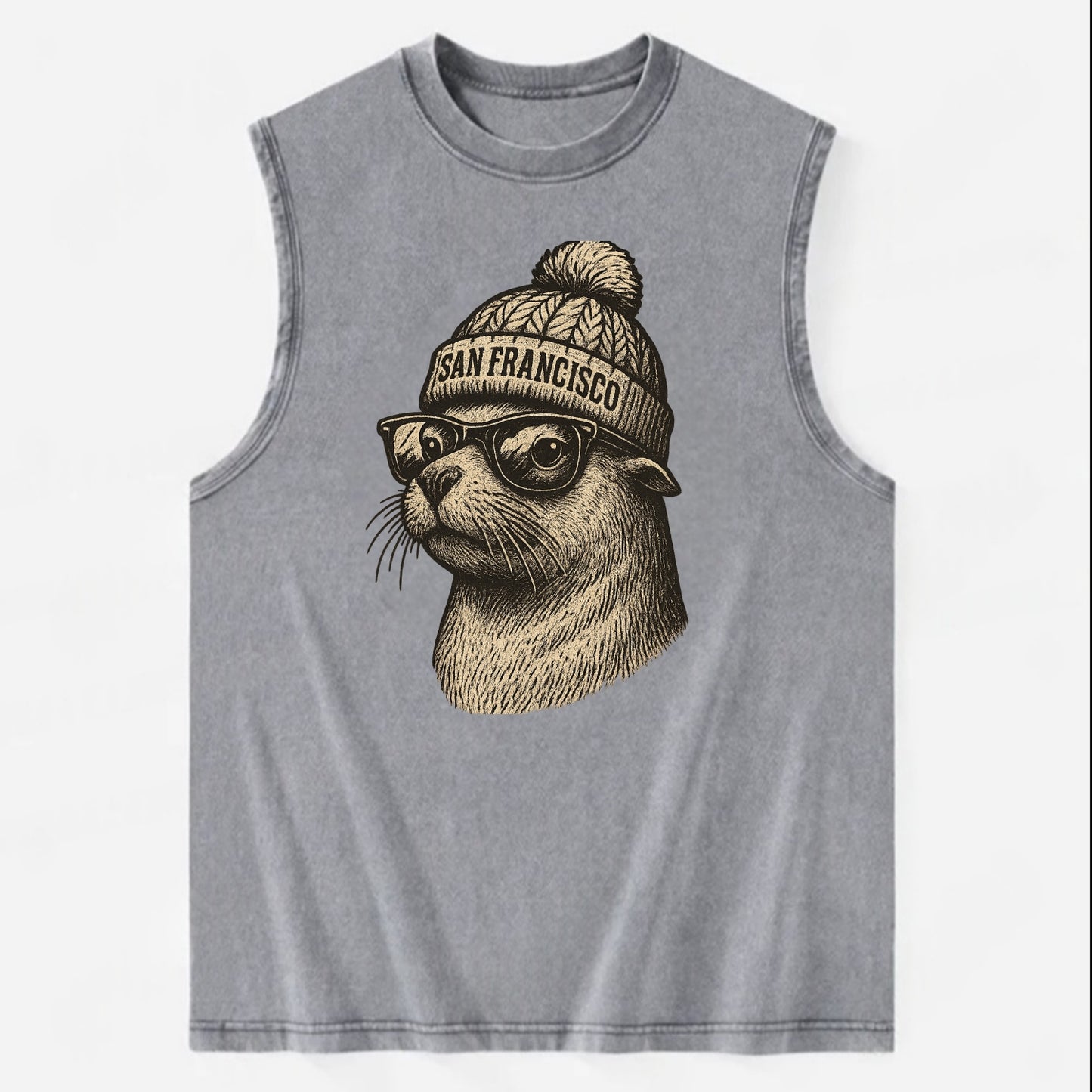 San Francisco Sea Lion wearing San Francisco beanie with pom pom and wayfarer - Vintage Washed Tank - Grey