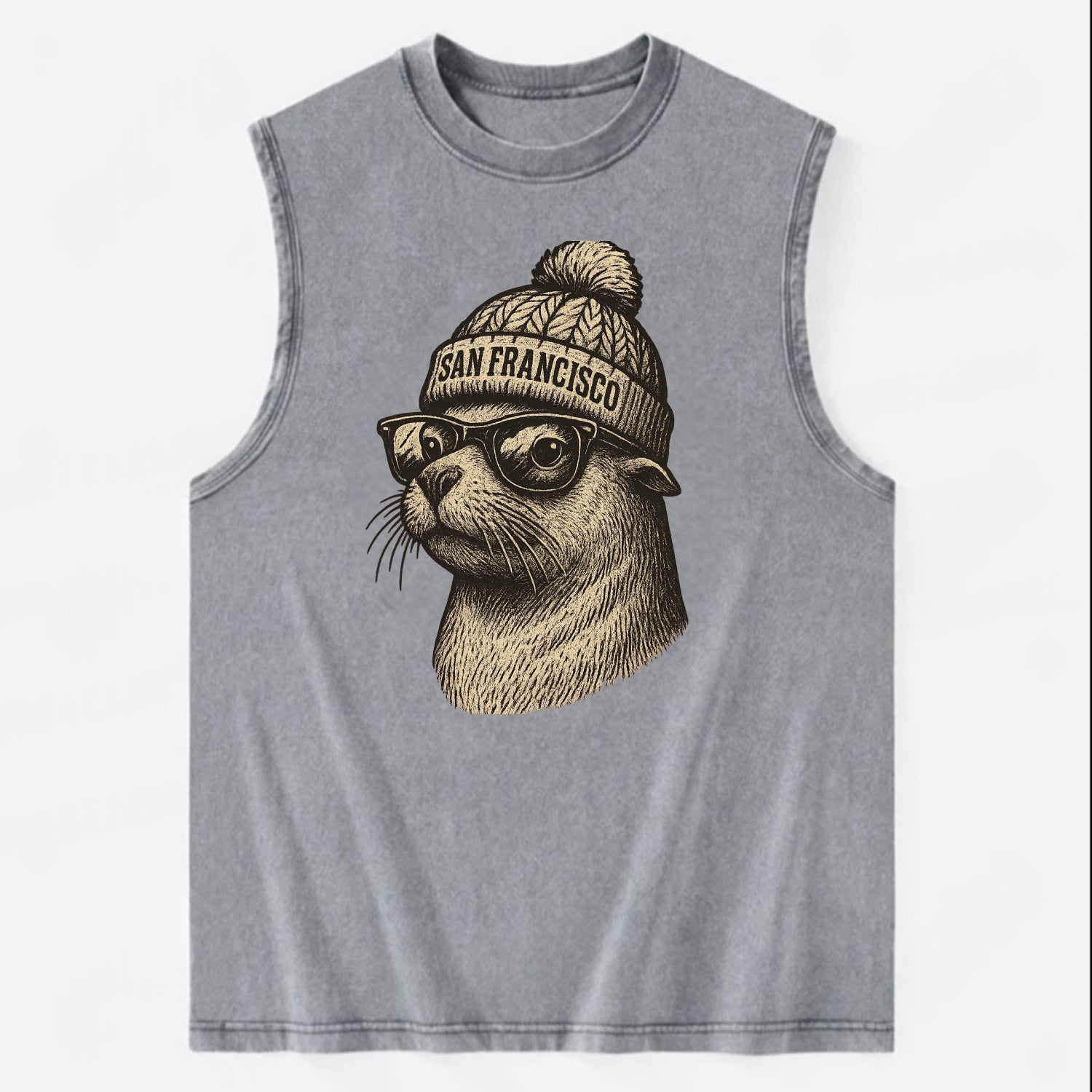 San Francisco Sea Lion wearing San Francisco beanie with pom pom and wayfarer - Vintage Washed Tank - Grey