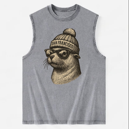 San Francisco Sea Lion wearing San Francisco beanie with pom pom and wayfarer - Vintage Washed Tank - Grey