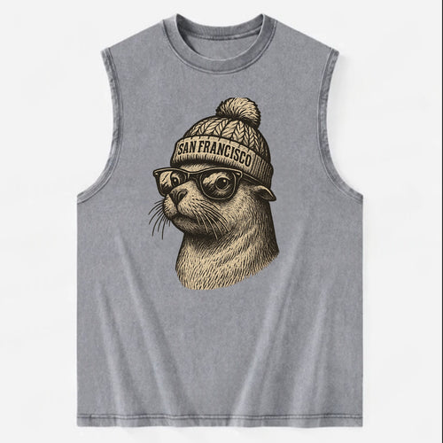 San Francisco Sea Lion wearing San Francisco beanie with pom pom and wayfarer - Vintage Washed Tank