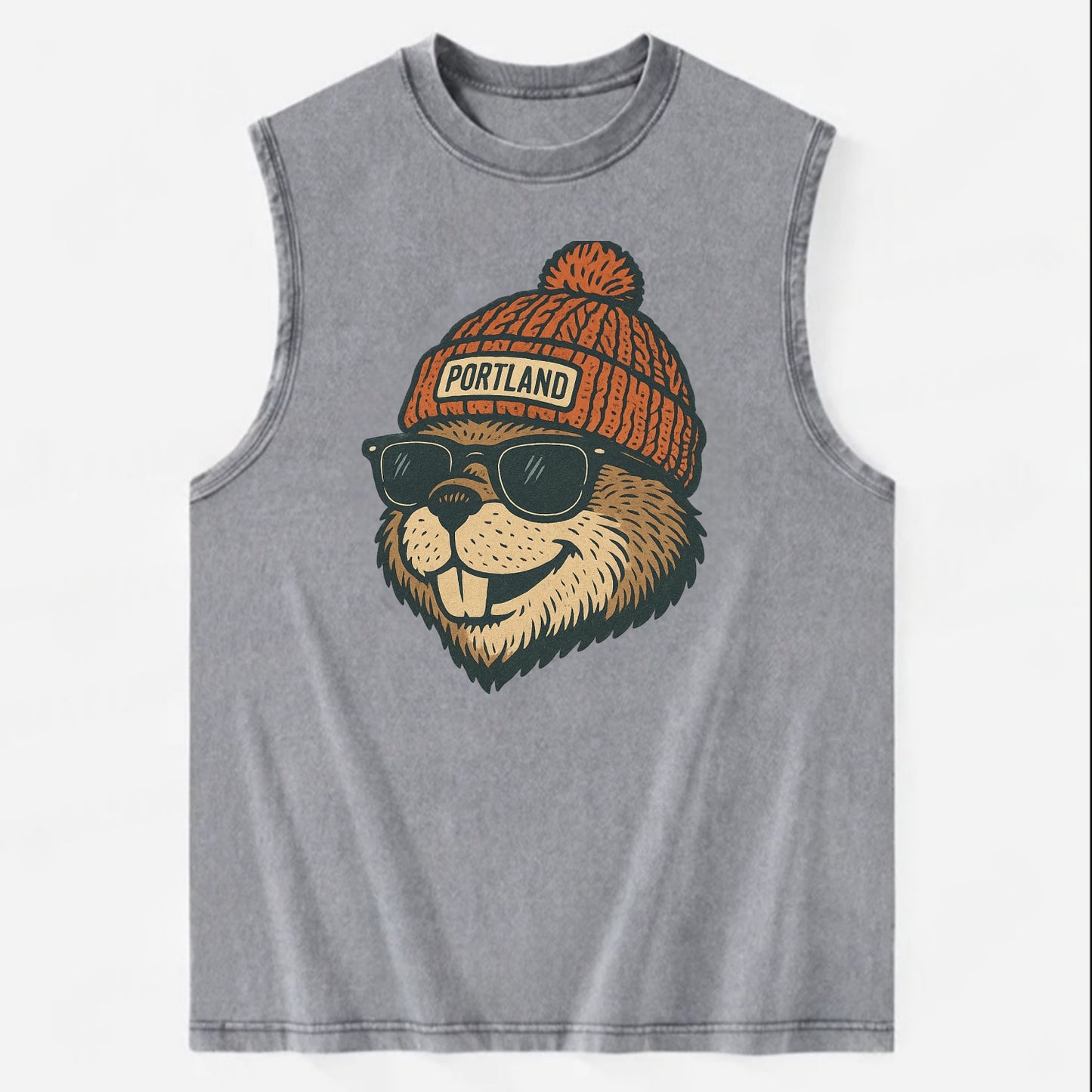 Oregon Beaver wearing Portland beanie with pom pom and wayfarer sunglasses - Vintage Washed Tank - Grey