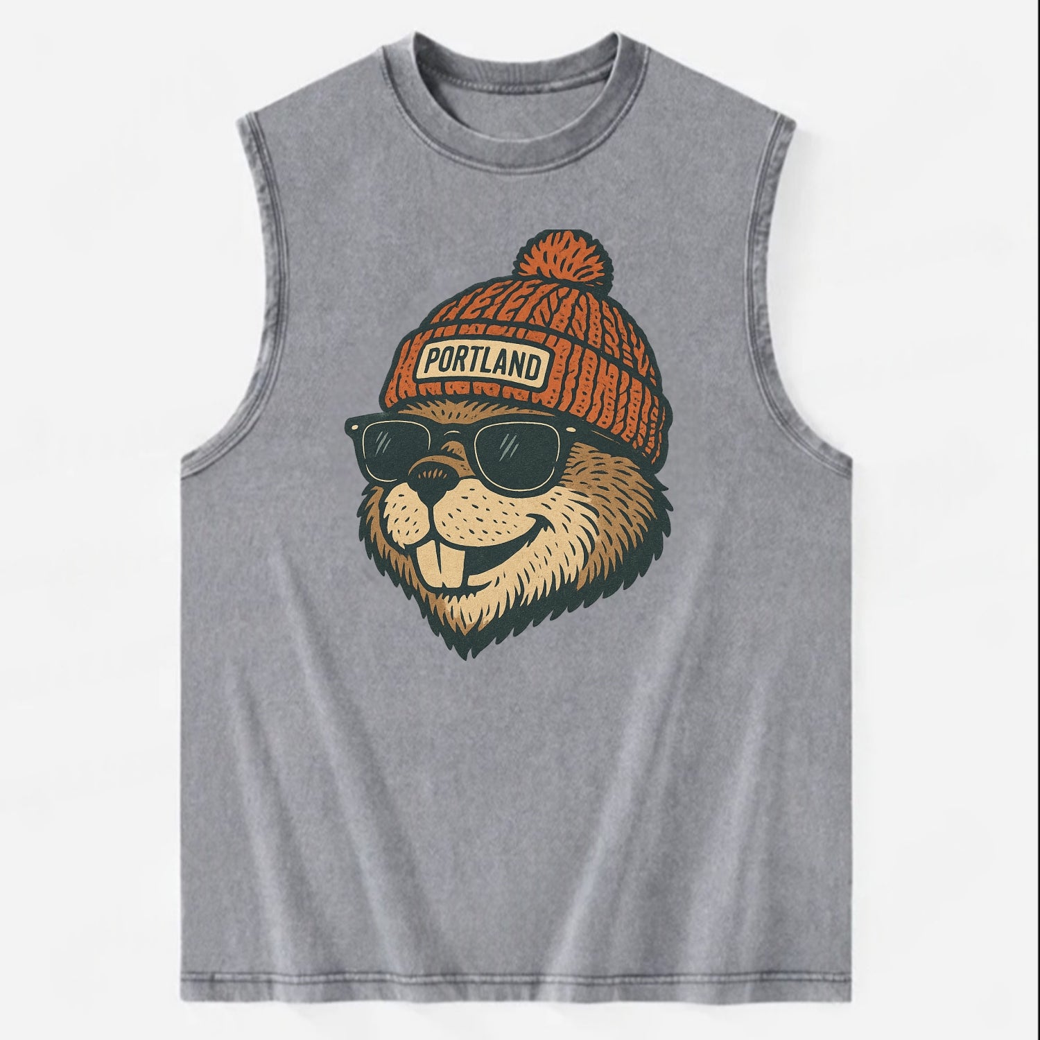 Oregon Beaver wearing Portland beanie with pom pom and wayfarer sunglasses - Vintage Washed Tank - Grey