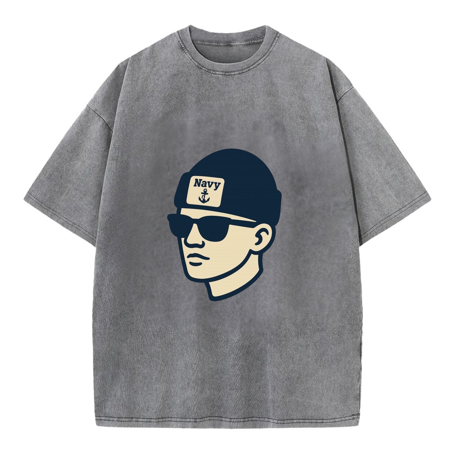 Annapolis Midshipman wearing Navy beanie with anchor patch - Vintage T-shirt - Grey