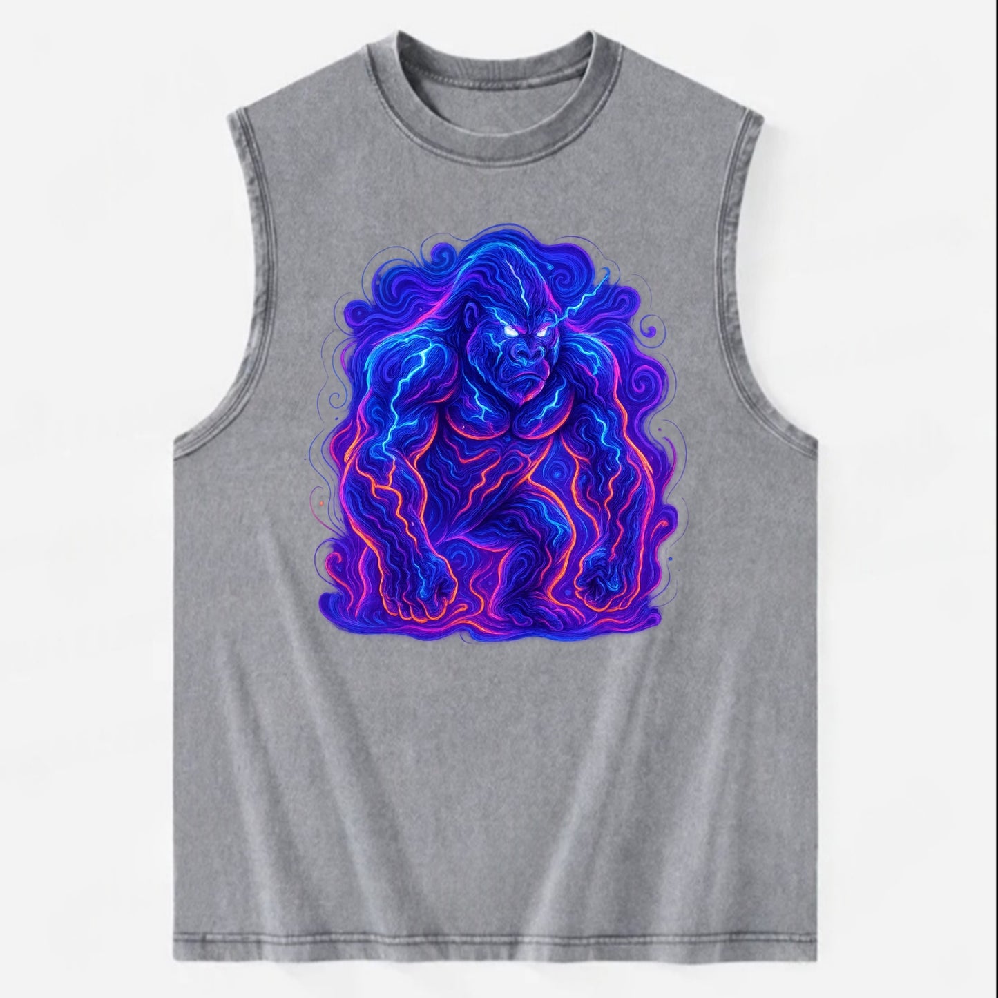 Mighty gorilla with electricity flowing through defined muscles, lightning - Vintage Washed Tank - Grey
