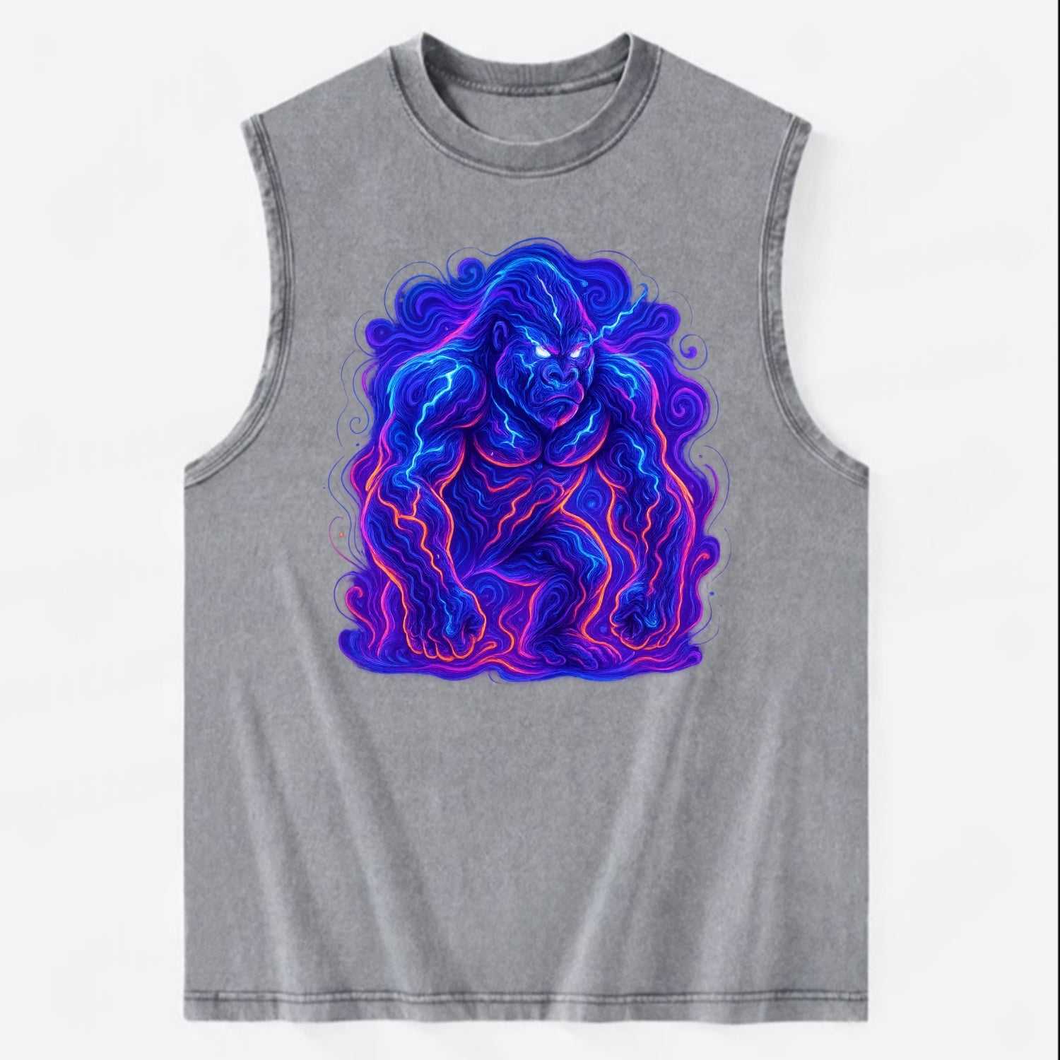 Mighty gorilla with electricity flowing through defined muscles, lightning - Vintage Washed Tank - Grey