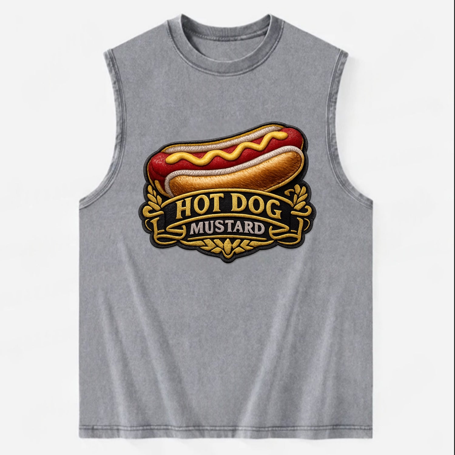 HOT DOG MUSTARD - classic hot dog in tan yellow red , ballpark food - Vintage Washed Tank - Grey