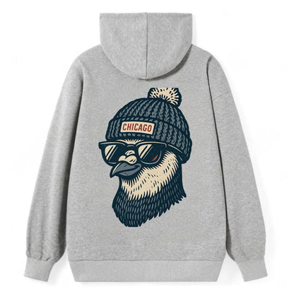Chicago Pigeon wearing Chicago beanie with pom pom and wayfarer sunglasses - Classic Pullover Hoodie - Grey