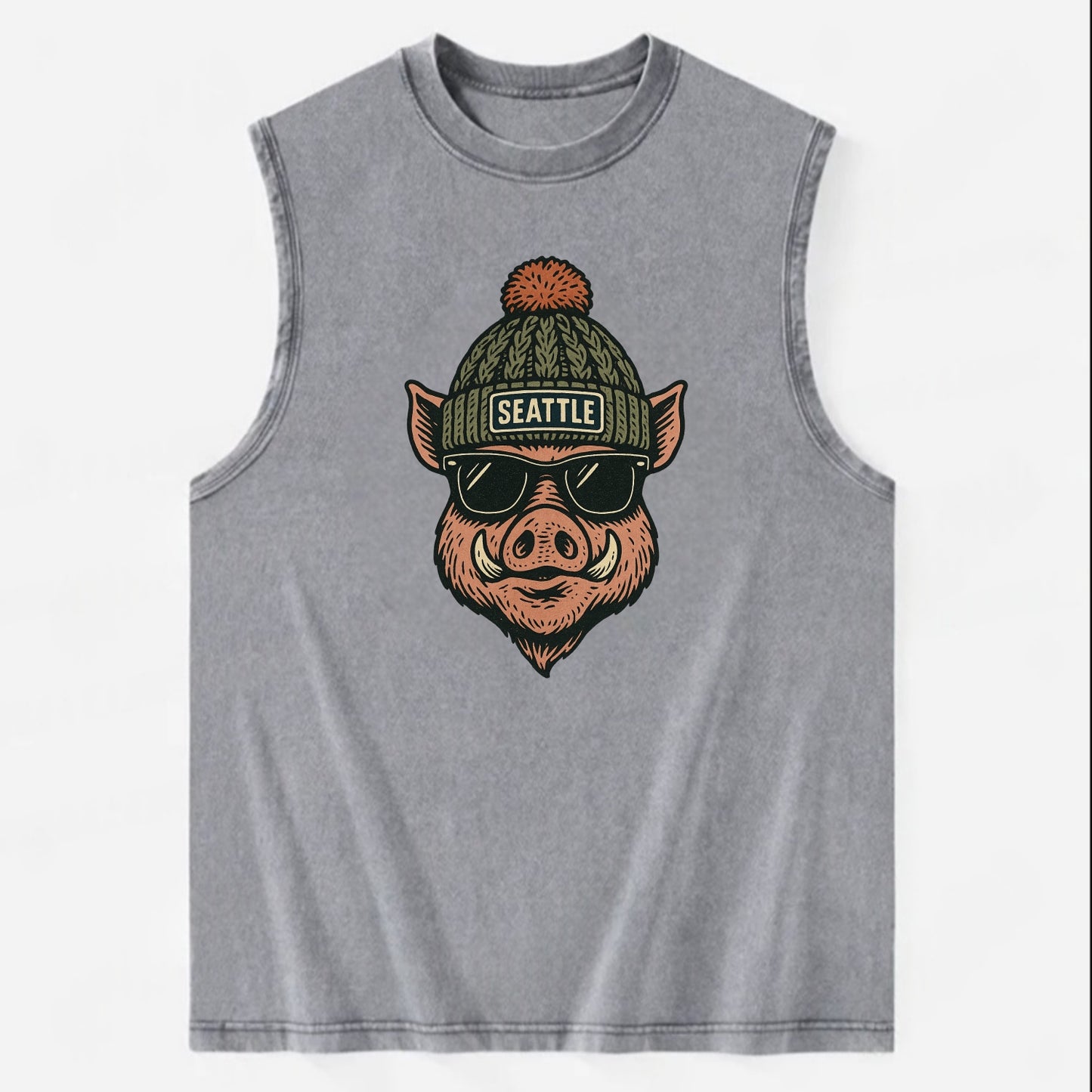 Washington Hog wearing Seattle beanie with pom pom and wayfarer sunglasses - Vintage Washed Tank - Grey