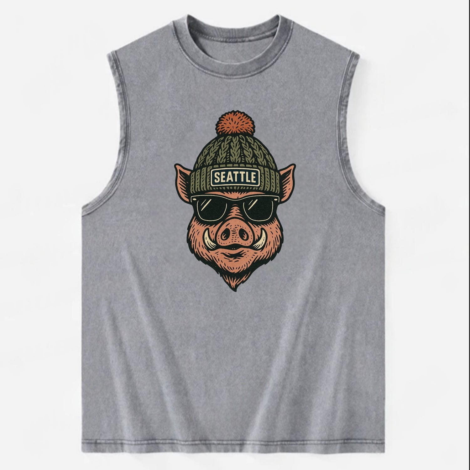 Washington Hog wearing Seattle beanie with pom pom and wayfarer sunglasses - Vintage Washed Tank - Grey