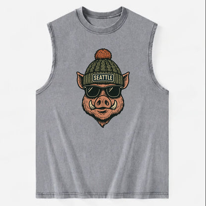 Washington Hog wearing Seattle beanie with pom pom and wayfarer sunglasses - Vintage Washed Tank - Grey