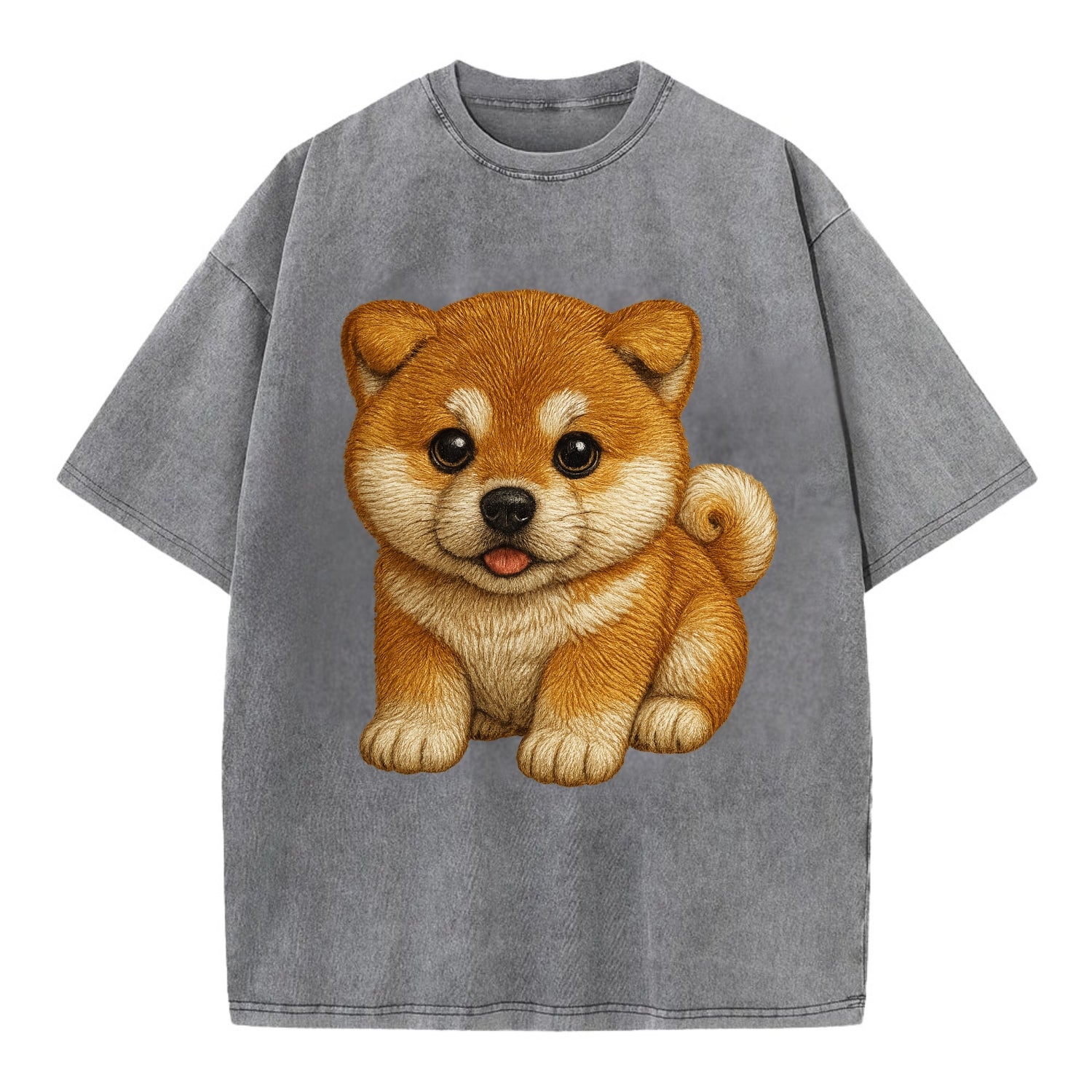 Baby Akita Puppy - fluffy bear-like, curled tail, dignified eyes, front-facing, - Vintage T-shirt - Grey