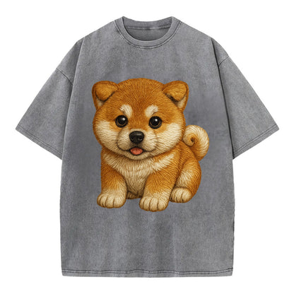 Baby Akita Puppy - fluffy bear-like, curled tail, dignified eyes, front-facing, - Vintage T-shirt - Grey