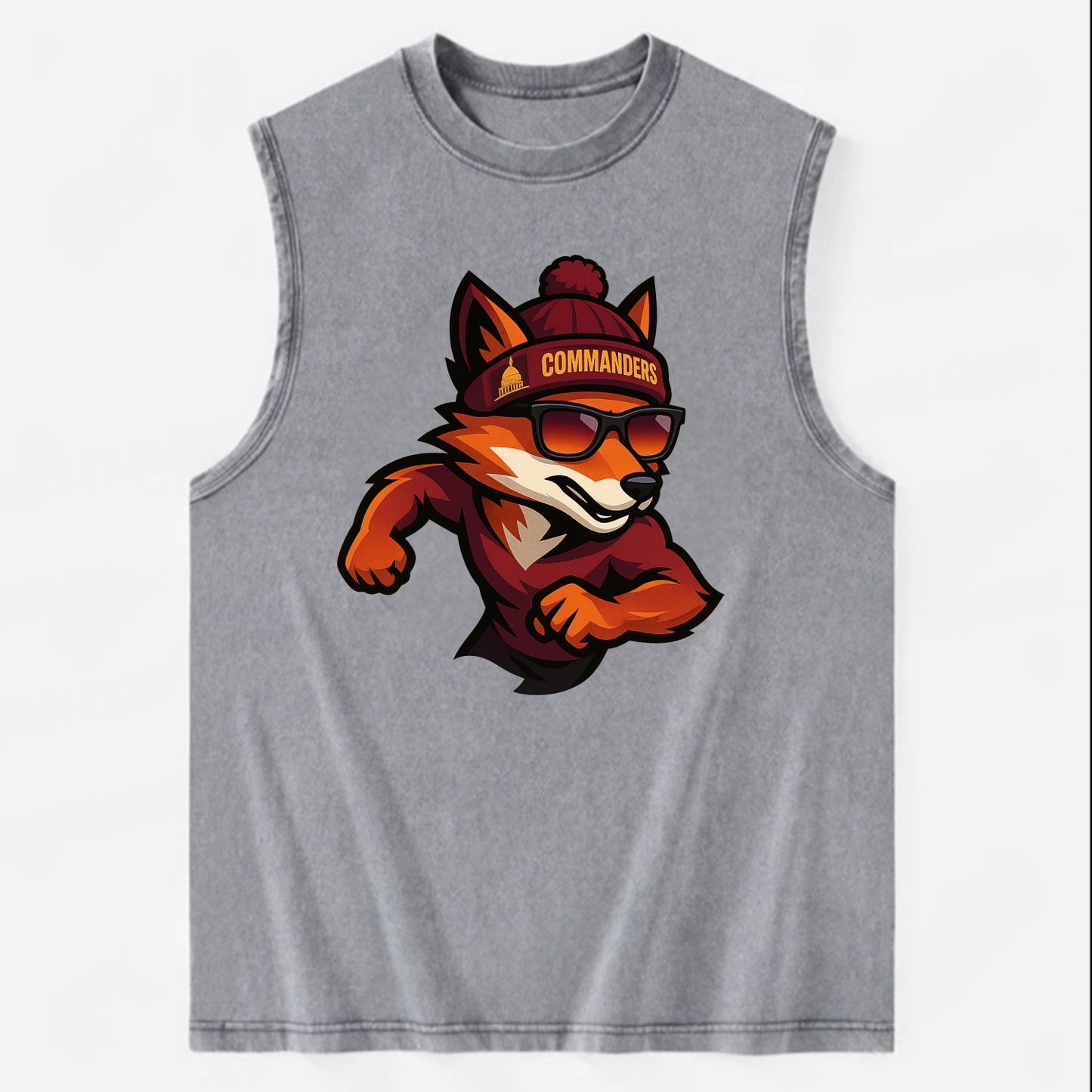 Washington Fox wearing Commanders beanie with Capitol patch and wayfarer - Vintage Washed Tank - Grey