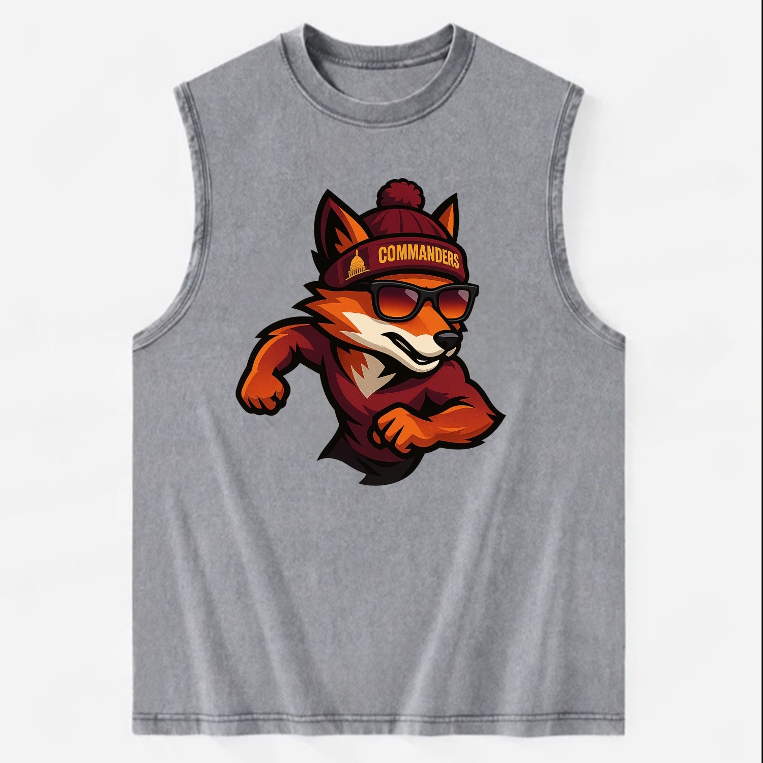 Washington Fox wearing Commanders beanie with Capitol patch and wayfarer - Vintage Washed Tank - Grey