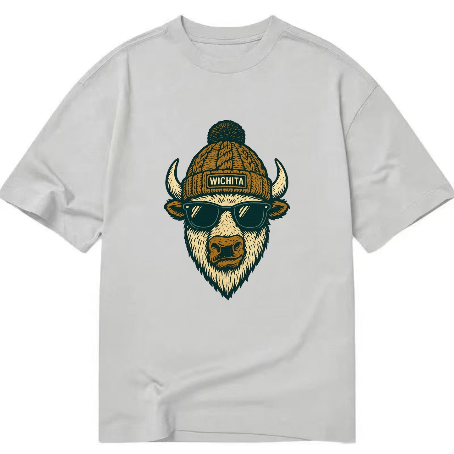 Kansas American Bison wearing Wichita beanie with pom pom and wayfarer sunglasses - Classic T-shirt - Grey
