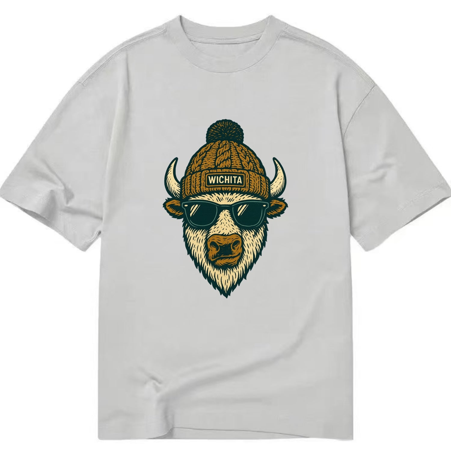 Kansas American Bison wearing Wichita beanie with pom pom and wayfarer sunglasses - Classic T-shirt - Grey