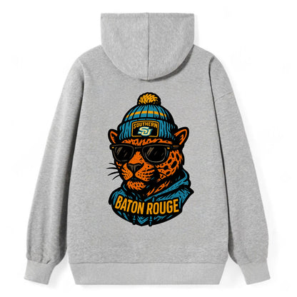 Baton Rouge Jaguar wearing Southern beanie with SU patch - Classic Pullover Hoodie - Grey