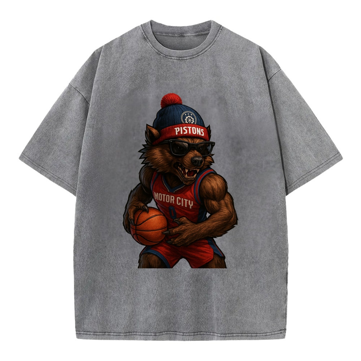 Motor City Wolverine wearing Pistons beanie with gear patch and wayfarer - Vintage T-shirt - Grey