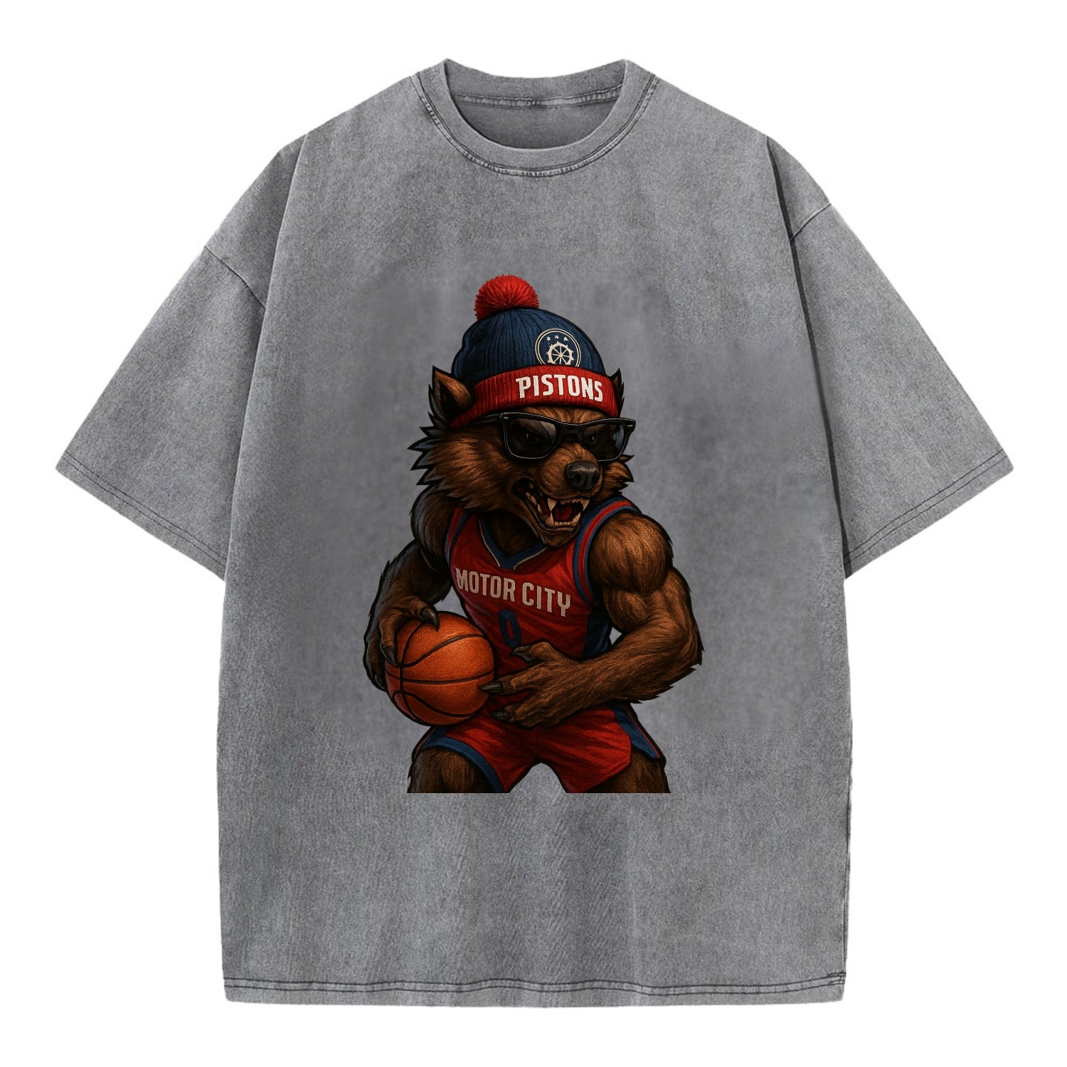 Motor City Wolverine wearing Pistons beanie with gear patch and wayfarer - Vintage T-shirt - Grey
