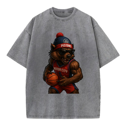 Motor City Wolverine wearing Pistons beanie with gear patch and wayfarer - Vintage T-shirt - Grey