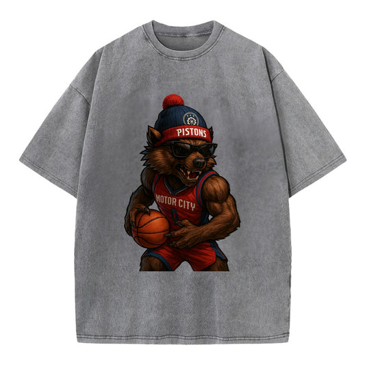 Motor City Wolverine wearing Pistons beanie with gear patch and wayfarer - Vintage T-shirt - Grey