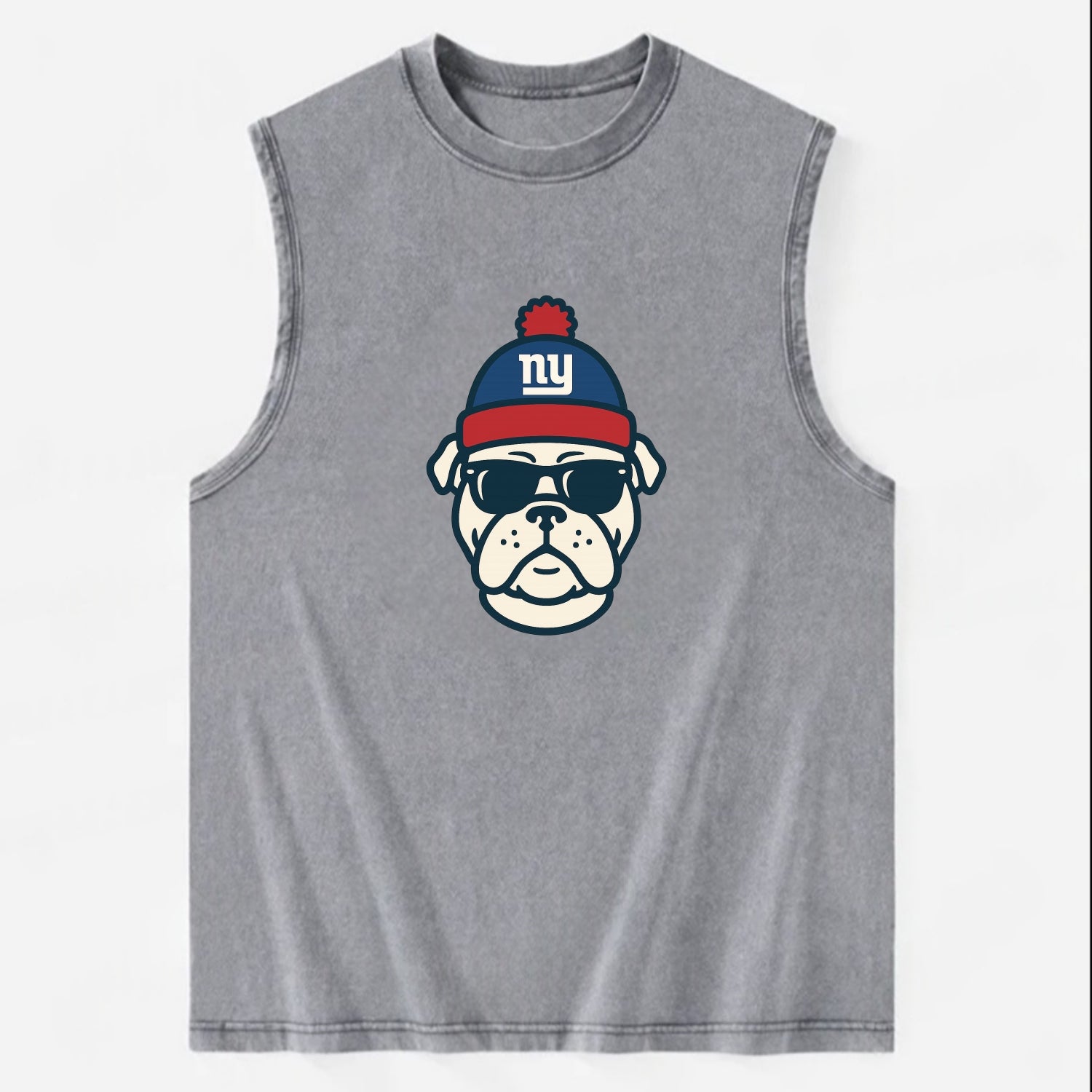 New York Bulldog wearing Giants blue and red beanie with pom pom and wayfarer - Vintage Washed Tank - Grey