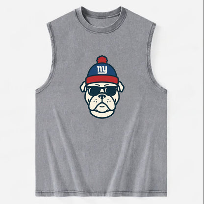 New York Bulldog wearing Giants blue and red beanie with pom pom and wayfarer - Vintage Washed Tank - Grey