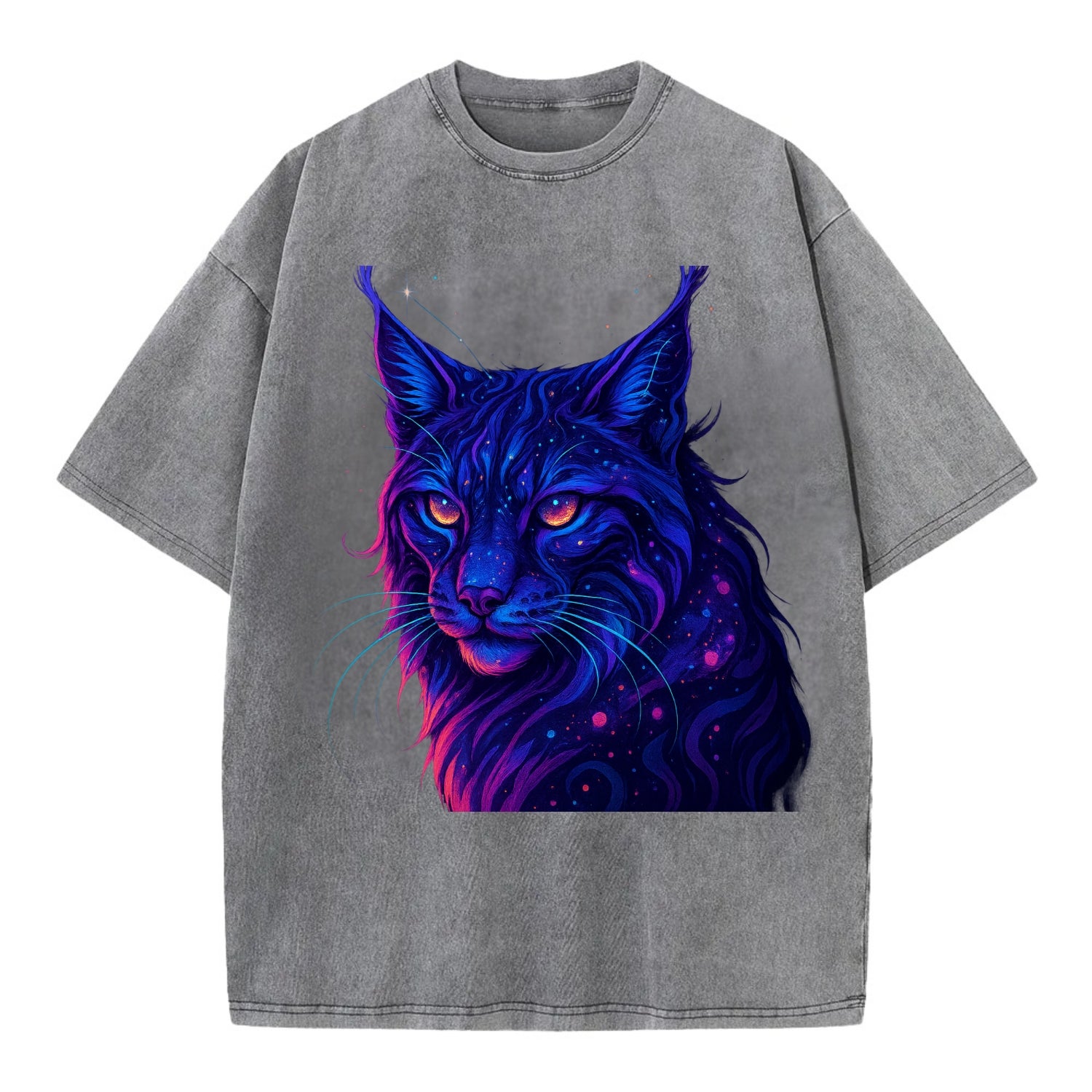 Stealthy lynx with ear tufts forming constellation patterns, nebula spots across - Vintage T-shirt - Grey